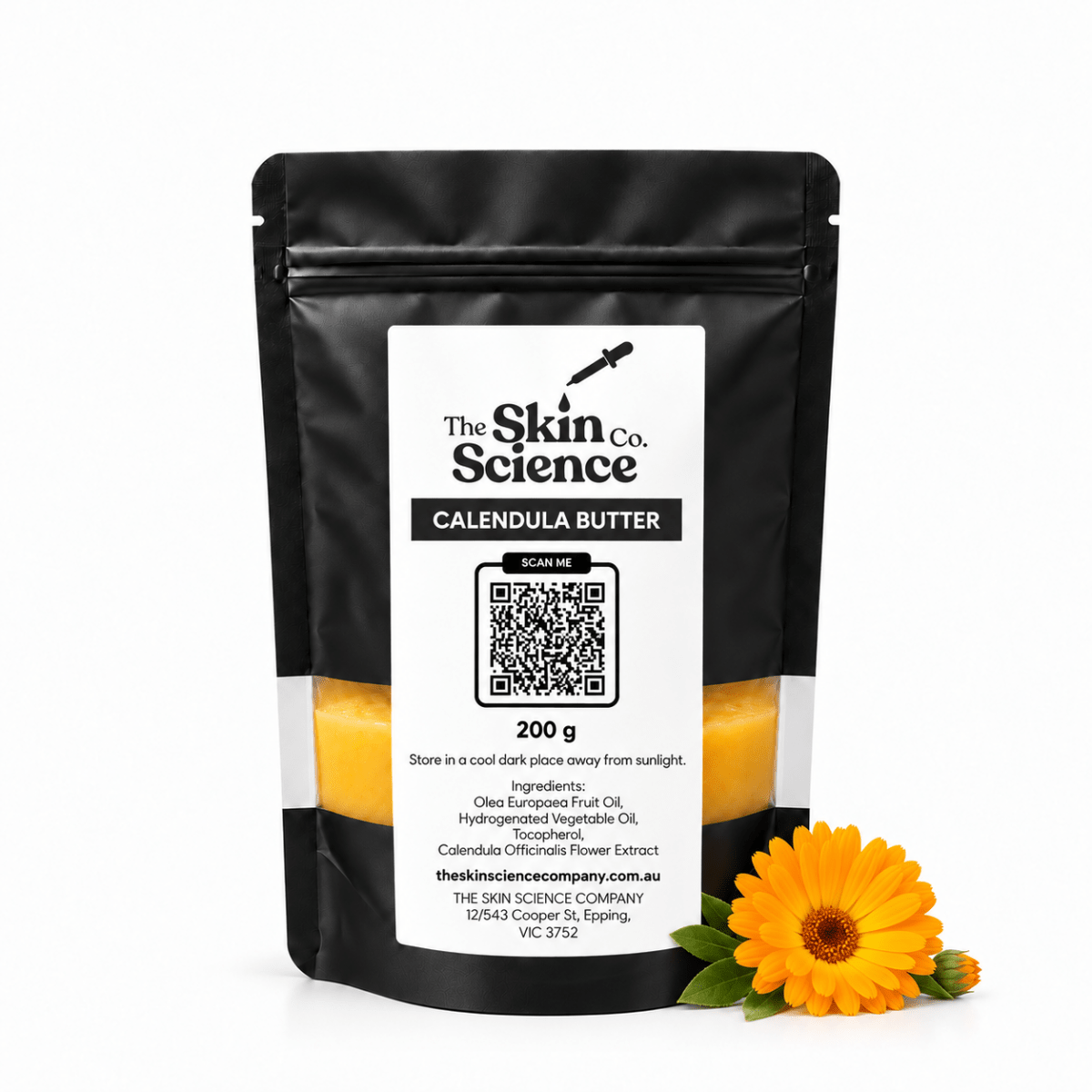 The Skin Science Company Calendula Butter – 200 g black windowed pouch with yellow-orange butter on white background