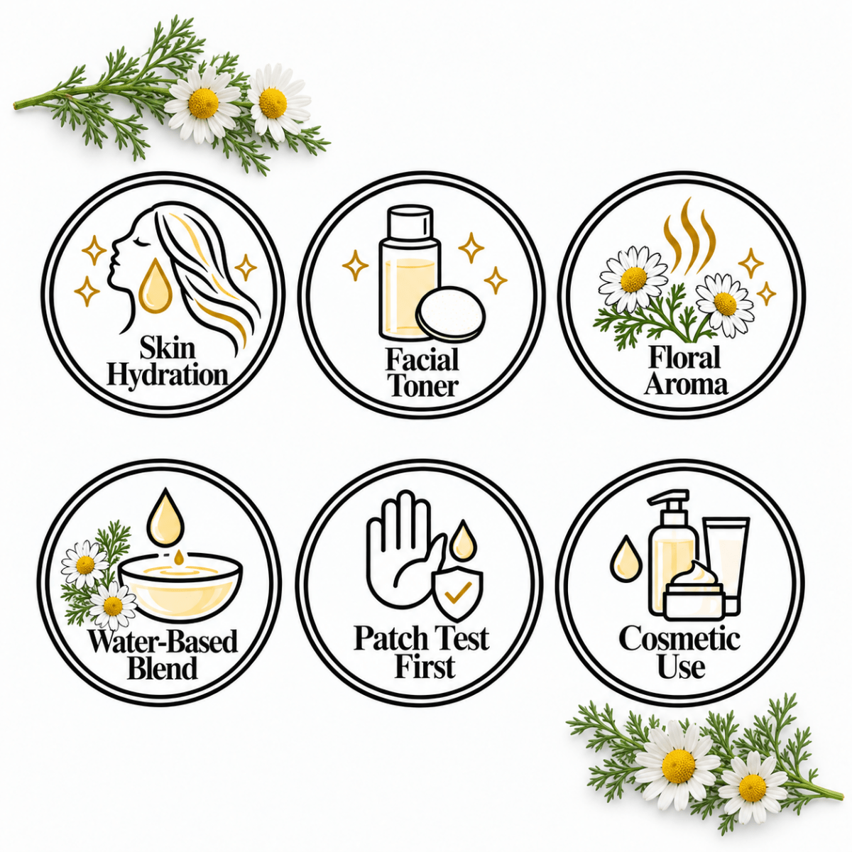 Chamomile Floral Water — Skin Hydration, Facial Toner, Floral Aroma, Water-Based Blend, Patch Test First, Cosmetic Use