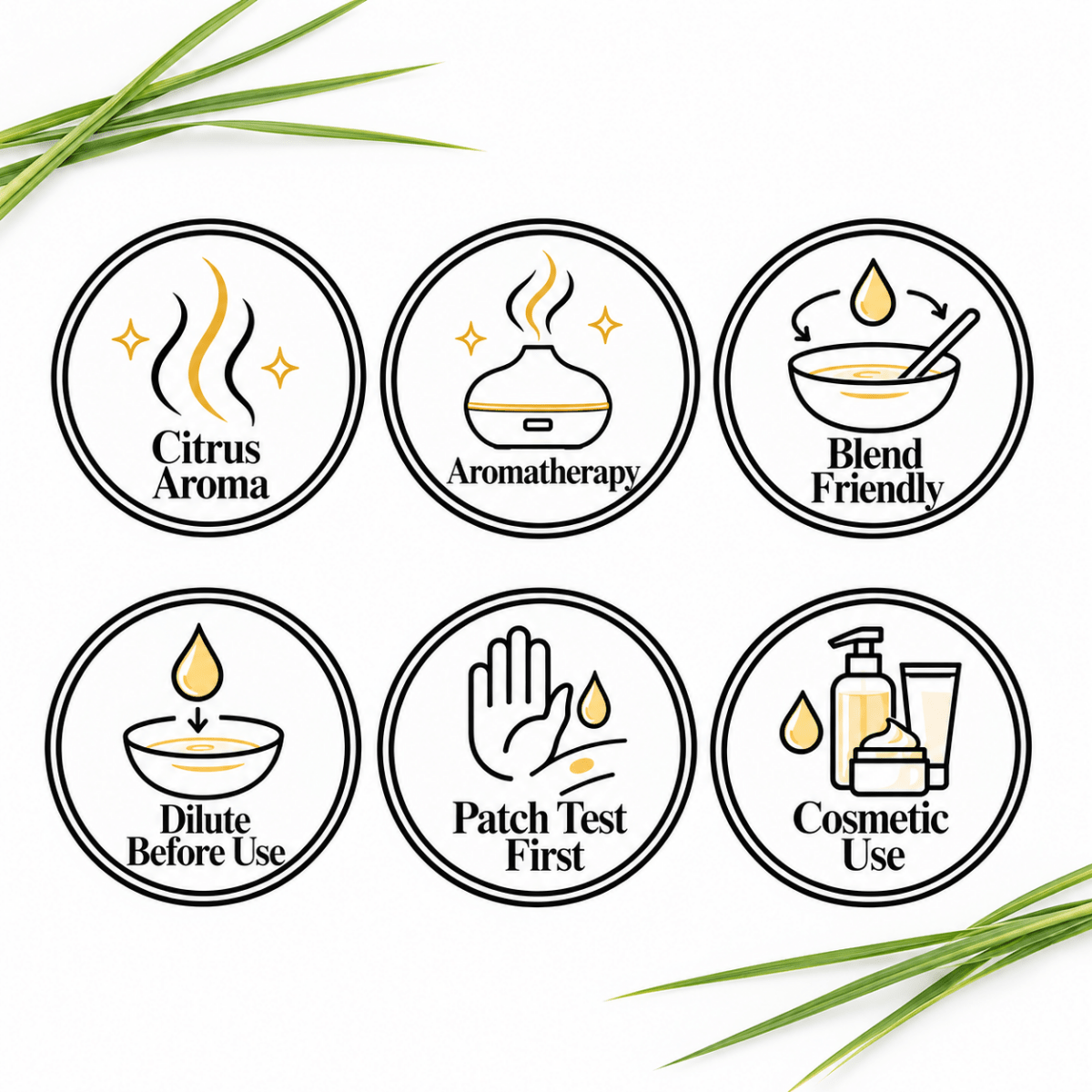Citronella Essential Oil — Citrus Aroma, Aromatherapy, Blend Friendly, Dilute Before Use, Patch Test First, Cosmetic Use