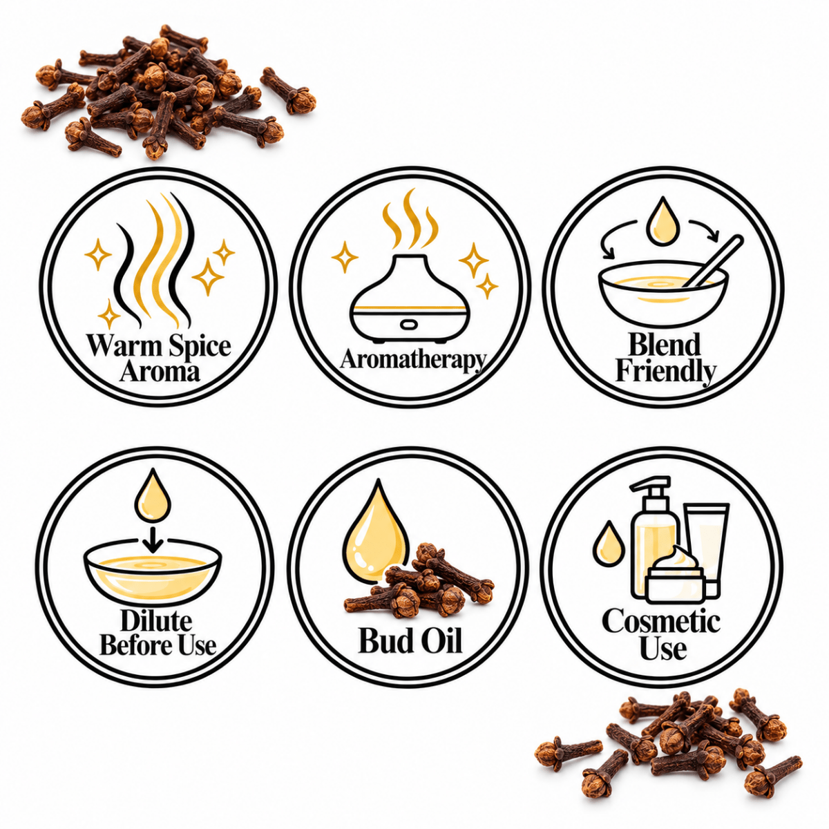 Clove Bud Essential Oil — Warm Spice Aroma, Aromatherapy, Blend Friendly, Dilute Before Use, Bud Oil, Cosmetic Use