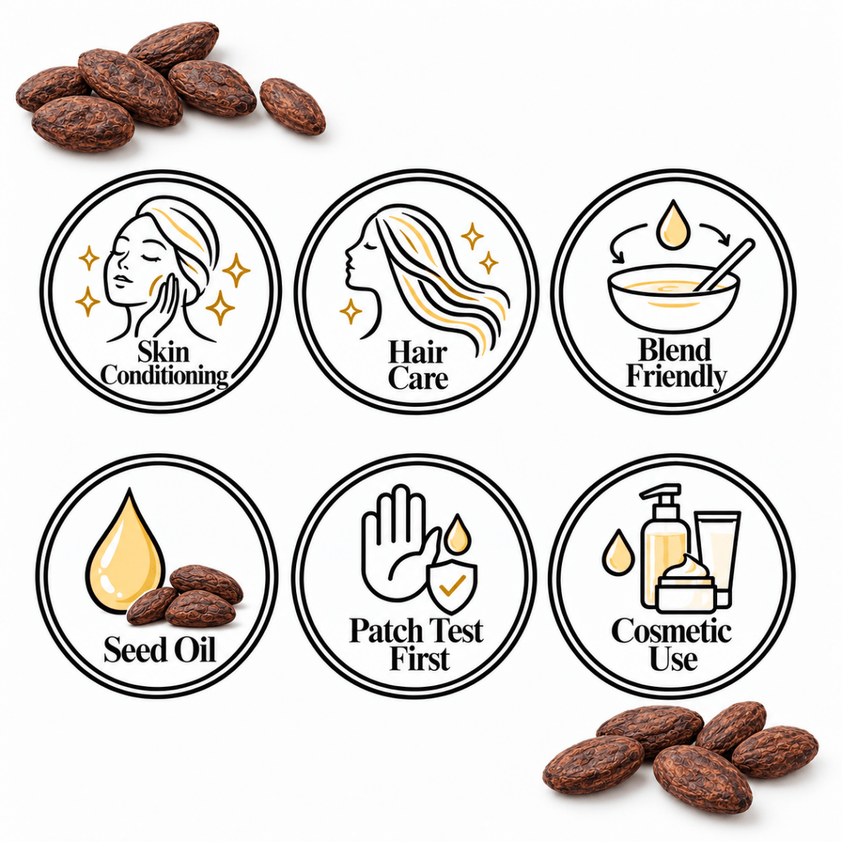 Cocoa Bean Oil — Skin Conditioning, Hair Care, Blend Friendly, Seed Oil, Patch Test First, Cosmetic Use