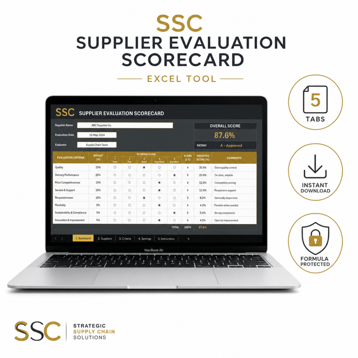 Raw Material Supplier Evaluation Scorecard - Spreadsheet - The SkinScience Company